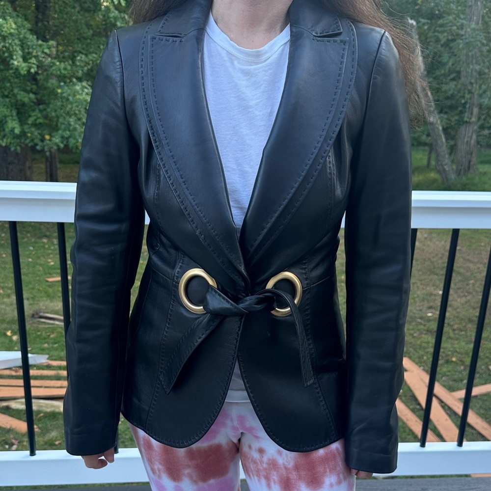 Escada Black Leather Jacket with Gold Accents
